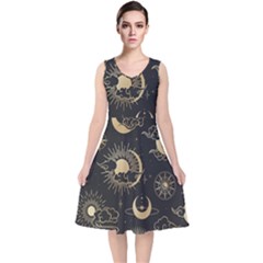 Asian Seamless Pattern With Clouds Moon Sun Stars Vector Collection Oriental Chinese Japanese Korean V-neck Midi Sleeveless Dress  by pakminggu