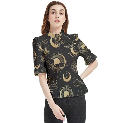 Asian Seamless Pattern With Clouds Moon Sun Stars Vector Collection Oriental Chinese Japanese Korean Frill Neck Blouse by pakminggu