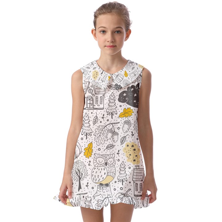 Doodle Seamless Pattern With Autumn Elements Kids  Pilgrim Collar Ruffle Hem Dress