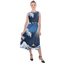 The Great Wave Off Kanagawa Midi Tie-back Chiffon Dress by pakminggu