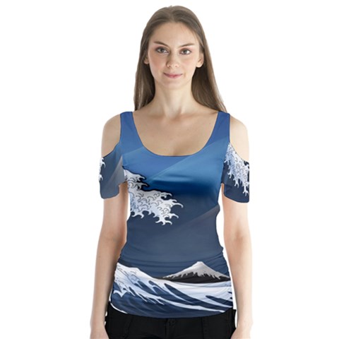 The Great Wave Off Kanagawa Butterfly Sleeve Cutout T-shirt  by pakminggu