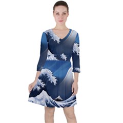 The Great Wave Off Kanagawa Quarter Sleeve Ruffle Waist Dress by pakminggu