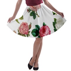 Roses-white A-line Skater Skirt by nateshop