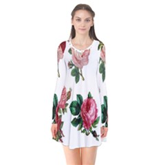 Roses-white Long Sleeve V-neck Flare Dress by nateshop