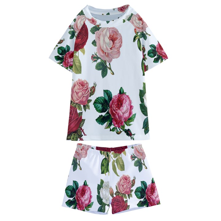 Roses-white Kids  Swim T-Shirt and Shorts Set