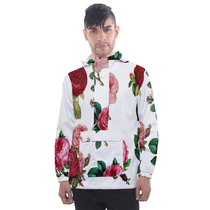 Roses-white Men s Front Pocket Pullover Windbreaker