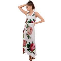 Roses-white V-neck Chiffon Maxi Dress by nateshop