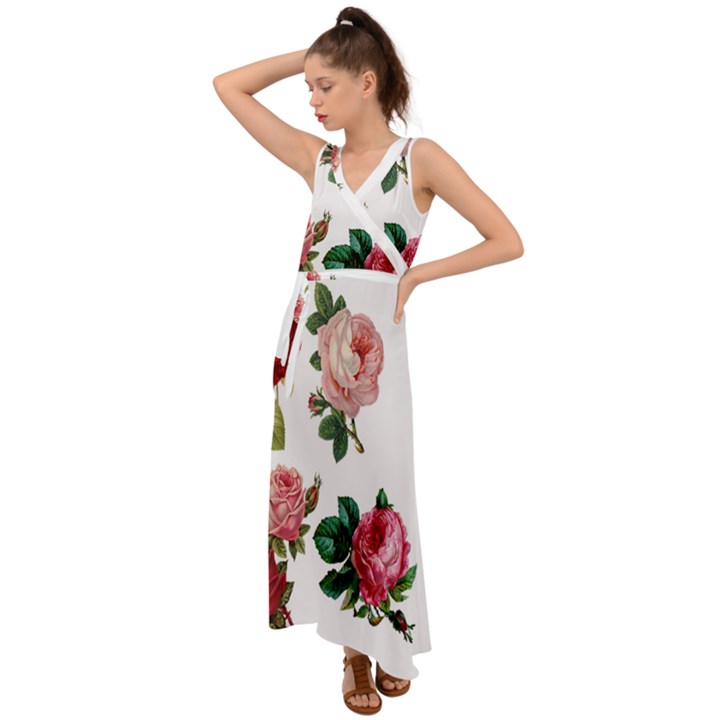 Roses-white V-Neck Chiffon Maxi Dress