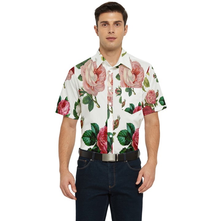 Roses-white Men s Short Sleeve Pocket Shirt 