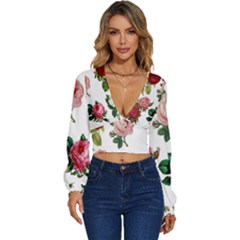 Roses-white Long Sleeve Deep-v Velour Top by nateshop