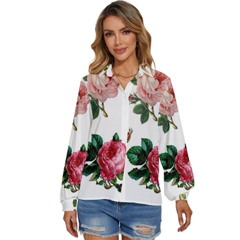 Roses-white Women s Long Sleeve Button Up Shirt by nateshop