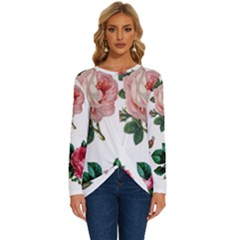 Roses-white Long Sleeve Crew Neck Pullover Top by nateshop