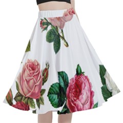 Roses-white A-line Full Circle Midi Skirt With Pocket