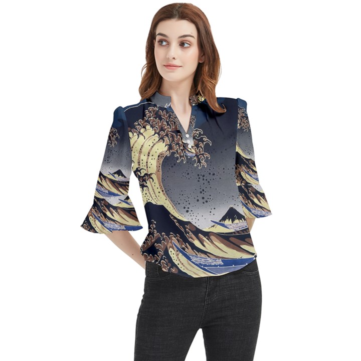 The Great Wave Off Kanagawa Japan Japanese Waves Loose Horn Sleeve Chiffon Blouse