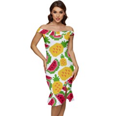 Watermelon -12 Off Shoulder Ruffle Split Hem Bodycon Dress by nateshop