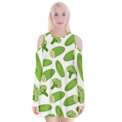 Vegetable Pattern With Composition Broccoli Velvet Long Sleeve Shoulder Cutout Dress by pakminggu