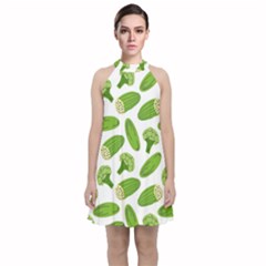 Vegetable Pattern With Composition Broccoli Velvet Halter Neckline Dress  by pakminggu