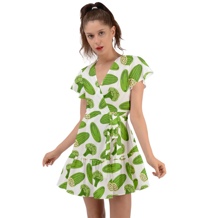 Vegetable Pattern With Composition Broccoli Flutter Sleeve Wrap Dress