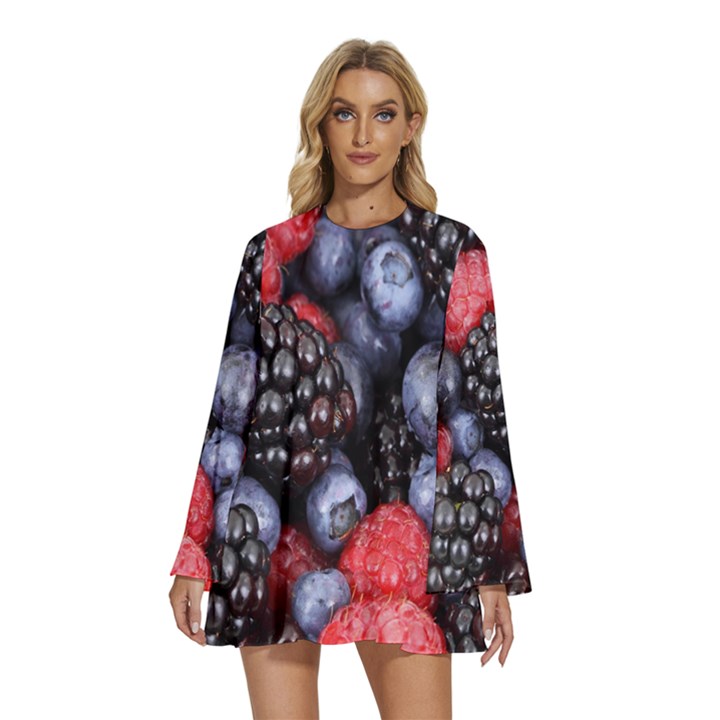 Berries-01 Round Neck Long Sleeve Bohemian Style Chiffon Mini Dress