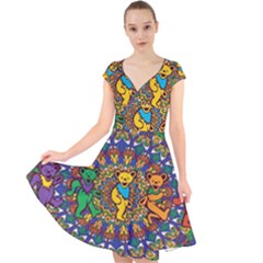 Dead Dancing Bears Grateful Dead Pattern Cap Sleeve Front Wrap Midi Dress by Grandong