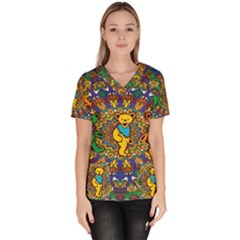 Dead Dancing Bears Grateful Dead Pattern Women s V-neck Scrub Top by Grandong