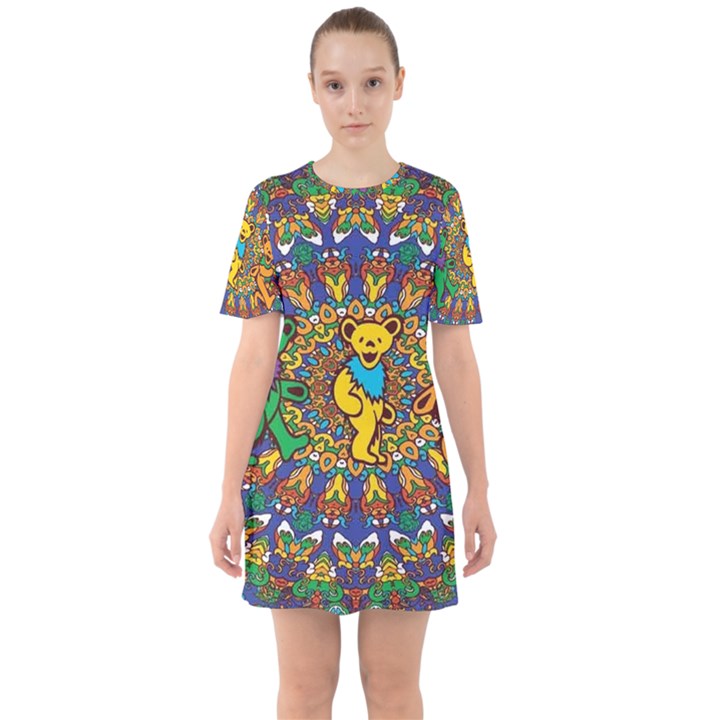 Dead Dancing Bears Grateful Dead Pattern Sixties Short Sleeve Mini Dress