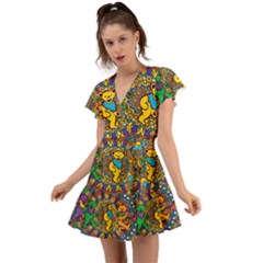 Dead Dancing Bears Grateful Dead Pattern Flutter Sleeve Wrap Dress by Grandong