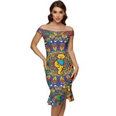 Dead Dancing Bears Grateful Dead Pattern Off Shoulder Ruffle Split Hem Bodycon Dress by Grandong