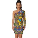 Dead Dancing Bears Grateful Dead Pattern Long Sleeve One Shoulder Mini Dress View1