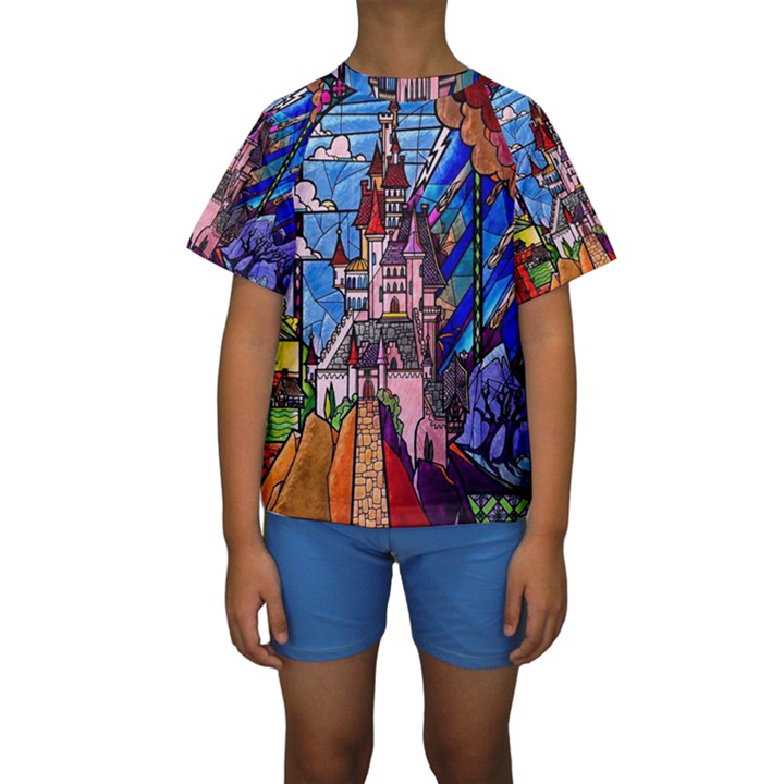 Beauty Stained Glass Castle Building Kids  Short Sleeve Swimwear