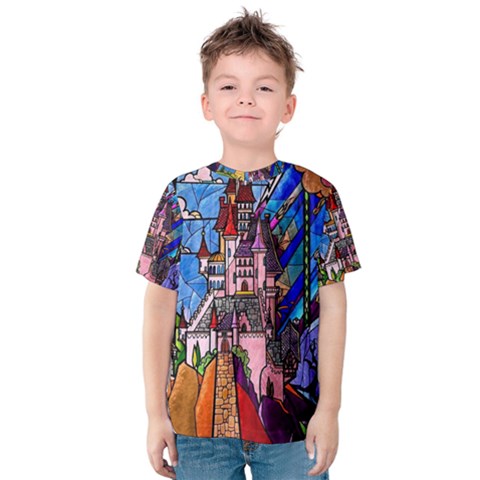 Beauty Stained Glass Castle Building Kids  Cotton T-shirt by Cowasu