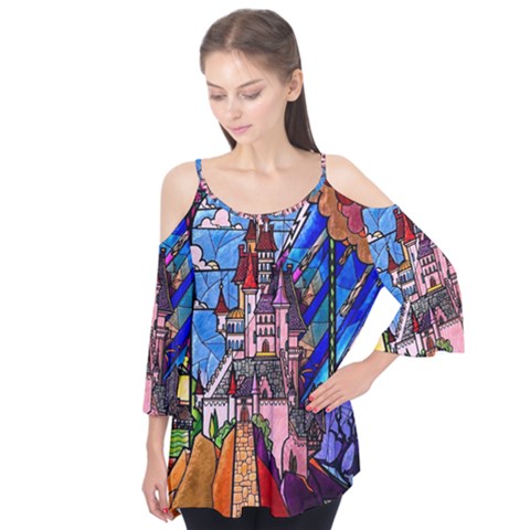 Beauty Stained Glass Castle Building Flutter Sleeve T-shirt  by Cowasu