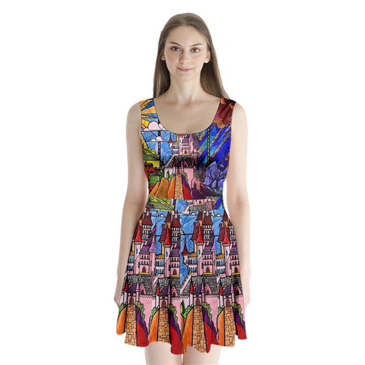 Beauty Stained Glass Castle Building Split Back Mini Dress 