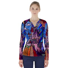 Beauty Stained Glass Castle Building V-neck Long Sleeve Top by Cowasu