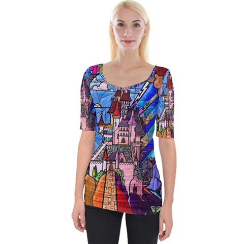 Beauty Stained Glass Castle Building Wide Neckline T-shirt by Cowasu