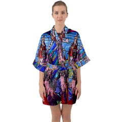 Beauty Stained Glass Castle Building Half Sleeve Satin Kimono  by Cowasu