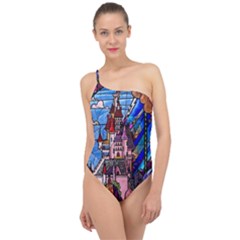 Beauty Stained Glass Castle Building Classic One Shoulder Swimsuit by Cowasu