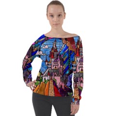 Beauty Stained Glass Castle Building Off Shoulder Long Sleeve Velour Top by Cowasu