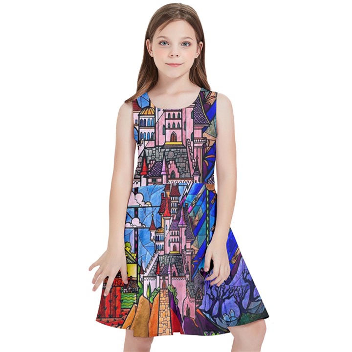 Beauty Stained Glass Castle Building Kids  Skater Dress