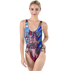 Beauty Stained Glass Castle Building High Leg Strappy Swimsuit by Cowasu