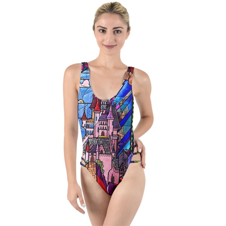 Beauty Stained Glass Castle Building High Leg Strappy Swimsuit