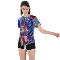 Beauty Stained Glass Castle Building Asymmetrical Short Sleeve Sports T-shirt by Cowasu