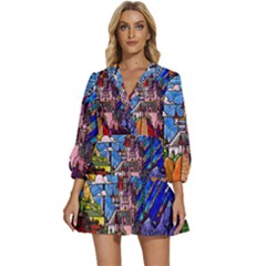 Beauty Stained Glass Castle Building V-neck Placket Mini Dress by Cowasu