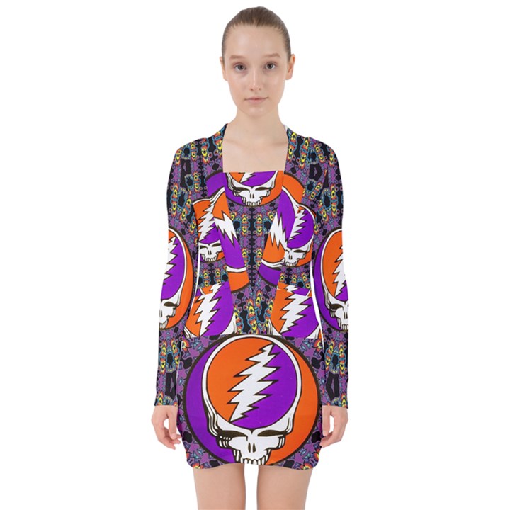 Gratefuldead Grateful Dead Pattern V-neck Bodycon Long Sleeve Dress