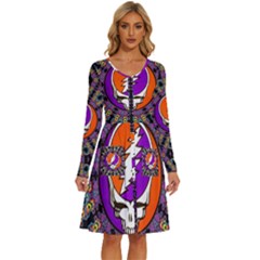 Gratefuldead Grateful Dead Pattern Long Sleeve Dress With Pocket by Cowasu