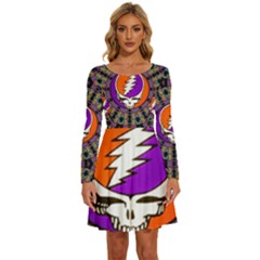 Gratefuldead Grateful Dead Pattern Long Sleeve Wide Neck Velvet Dress by Cowasu