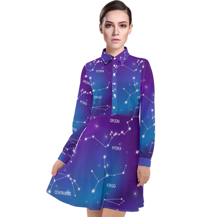 Realistic Night Sky With Constellations Long Sleeve Chiffon Shirt Dress