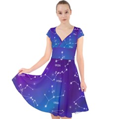 Realistic Night Sky With Constellations Cap Sleeve Front Wrap Midi Dress by Cowasu