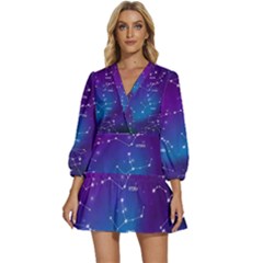 Realistic Night Sky With Constellations V-neck Placket Mini Dress by Cowasu