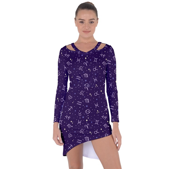 Vector Seamless Dark Zodiac Sign Star Symbol Pattern Asymmetric Cut-Out Shift Dress